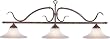 Patinaed bronze finish decorative wrought iron light with 3 milky alabaster acid-etched fluted glass shades and traditional accents