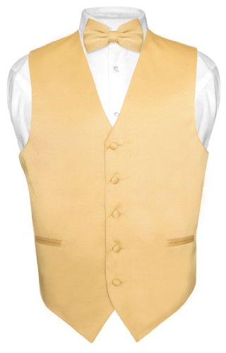 Men's Dress Vest & Bowtie Solid Gold Color Bow Tie Set for Suit or Tuxedo