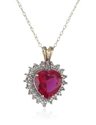 XPY 10k Yellow Gold Created Ruby Heart with Diamond Accent Pendant Necklace, 18"
