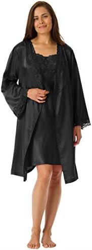 Amoureuse Women's Plus Size Short Satin Peignoir Set Black,M