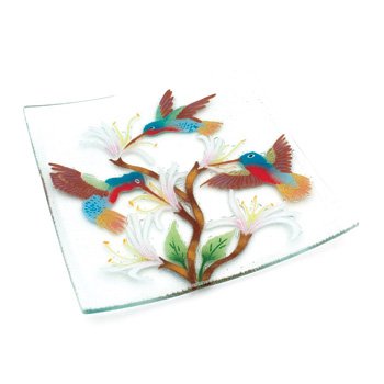 Fusion Art Glass 10-Inch Square Plate with Hummingbird Design