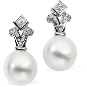 18k South Sea Cultured Pearl Rough Diamond Earring 12mm Fine/1/2ct - JewelryWeb