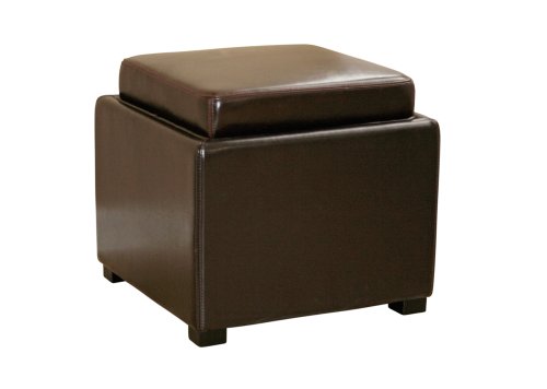 Baxton Studio Fabia Leather Ottoman with Storage Tray, Dark Brown