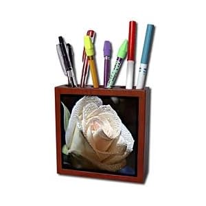 WhiteOak Photography Floral Prints - The Rose Ivory Rose with Water Drops - Tile Pen Holders-5 inch tile pen holder