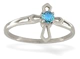 14K White Gold Genuine Round Blue Topaz Cross Ring