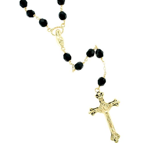 Caribe Gold 14k Gold over Silver Black Czech Glass Rosary Necklace