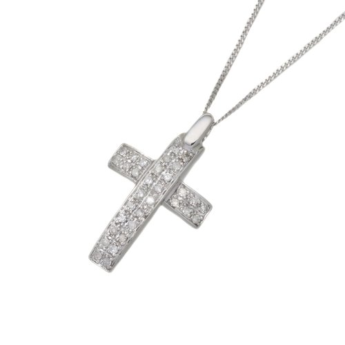 9ct White Gold 0.20 Ct Pave Diamond Domed Cross Pendant 18 Chain Adjustable