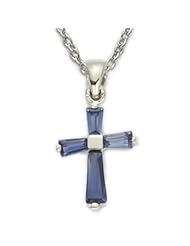 Sterling Silver Birthstone September Sapphire Baguette Cross Necklaces Childrens Religious Jewelry Girls Cross Necklaces Gift Boxed w/Chain 16" Length Gift Boxed