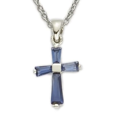 Cheap Girls Jewelry Sterling Silver Birthstone September Sapphire Baguette Cross Necklaces Childrens Religious Jewelry Girls Cross Necklaces Gift Boxed w/Chain 16" Length Gift Boxed For Sale