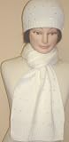 4fmg2.014, Knitted White Color Polyester Nylon Microfiber Very Warm Neck Warmer Scarf Hat Set Trimmed with Rhinestones