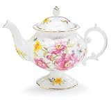Garden Gate Floral Porcelain Teapot With Pedestal Base For Teas And Kitchen Decor