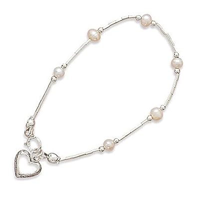 Cheap Girls Jewelry 6" Liquid Silver/Cultured Freshwater Pearl/Open Heart Childrens Bracelet For Sale