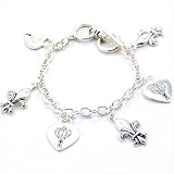Beautiful Heart Crown Lock & Fleur Charm Toggle Bracelet Silver Tone