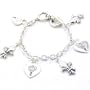 Beautiful Heart Crown Lock & Fleur Charm Toggle Bracelet Silver Tone