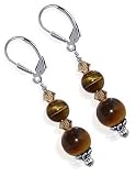 GAES053 Made with Swarovski Elements Tiger Eye & Crystal Sterling Silver French Hook 1.5
