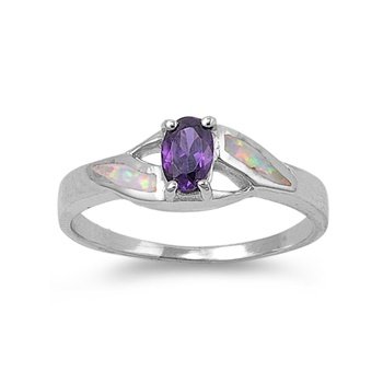 Sterling Silver 6mm White Opal & Amethyst Ring (Size 5 - 10)