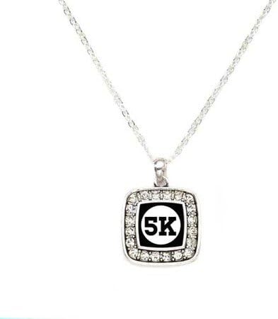 5K Runners Running Charm Classic Silver Plated Square Crystal Necklace