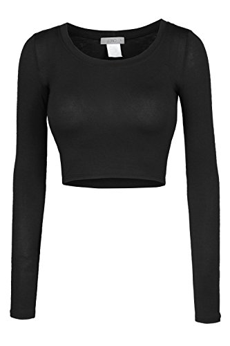 LE3NO Womens Fitted Long Sleeve Crop Top with Stretch, L3NWT1073_BLACK, Small,L3NWT1073_BLACK,Small