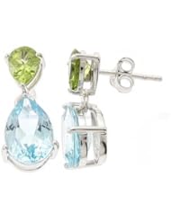 Double Pear Shape Authentic 7X5 MM Peridot And Authentic 12X8 MM Blue Topaz Earrings In Sterling Silver