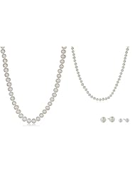White Freshwater Cultured Pearl Mother-and-Daughter Necklace and Earrings Set with Sterling Silver Clasp