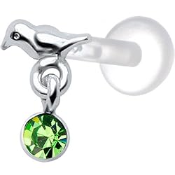 Silver 925 Bird Peridot Green Dangling CZ Tragus Earring