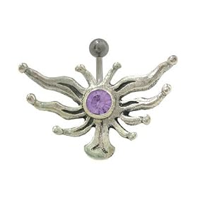 Sterling Silver Wings Like Design Belly Button Ring with Purple Cz Jewel