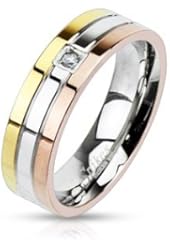 STR-0017 6mm Stainless Steel Triple Tone IP Grooved Single CZ Center Band Ring; Comes With Free Gift Box