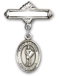 Sterling Silver Baby Badge with St. Florian Charm and Polished Badge Pin. Catholic Saint Florian Patron Saint of Fire Fighters, Firemen, Firefighters, Fires, Floods, Poland, Fire Preventions