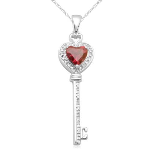 Sterling Silver Created Ruby Diamond Key Pendant, 18