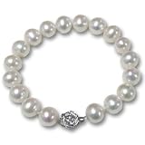 White 10-11mm AA+ Cultured Pearl Bracelet w. Platinum Overlay CAREFREE Sterling Silver Rose Clasp 7" (L1S2R2)