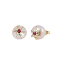 Pearl Stud red Flower earrings for Young girls Ruby & diamonds 14k yellow Gold