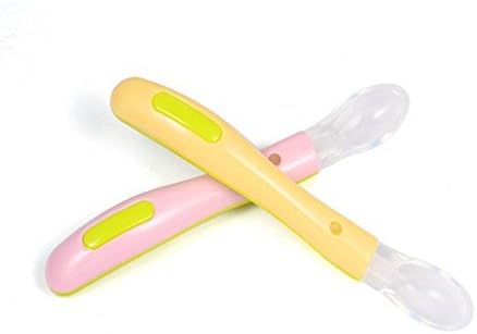WEIYU ZhuanZhuanXiong Baby Spoons,Pink And Green(Silicone + PC),Yellow And Rose Red(Silicone + Pp),Pack Of 2 (pink and yellow)