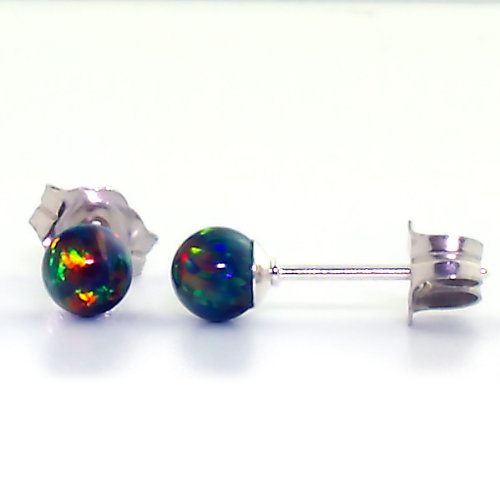 Aurora: 4mm Black Australian Opal Ball Stud Post Earrings Solid 925 Sterling Silver