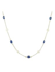Sterling Silver with 10 Freshwater Pearls and 7 Blue Onyx Oval Cabochon Necklace, 18"