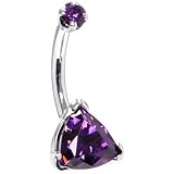 Solid 14KT White Gold Amethyst Trillion CZ Internally Threaded Belly Ring