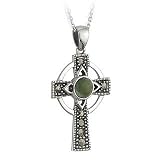 Sterling Silver with Connemara Marble and Marcasite Celtic Cross Pendant Necklace - Made in Ireland