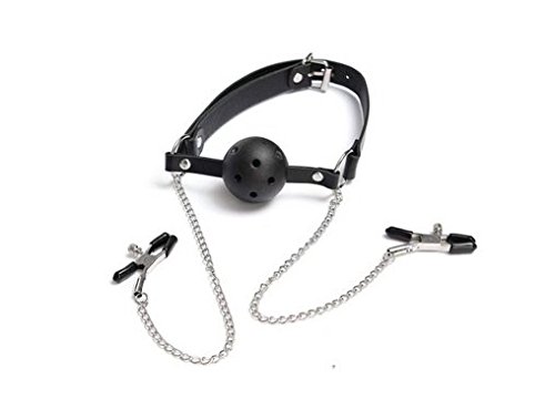 Ball Gag and Chained Nipple Clamps with adjustable pressure (Style2 Black)