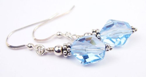 Aquamarine 12mm Swarovski Crystal .925 Sterling Silver Birthstone Dangle Earrings