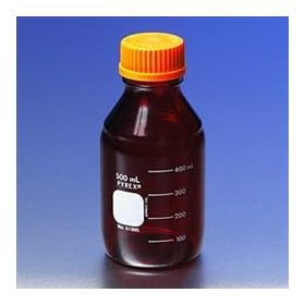 Pyrex Media Bottles, 500mL Low Actinic with GL-45 Screw Cap, case/4