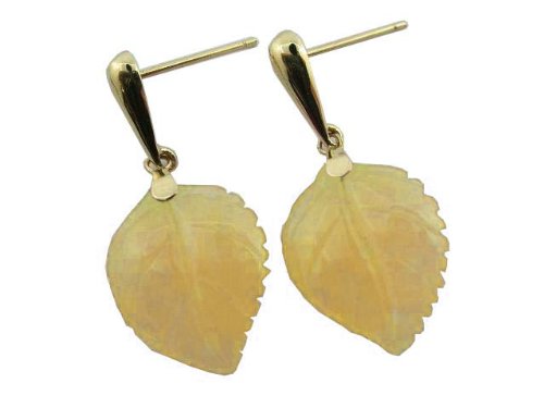Yellow Jade Round Leaf Dangle Earrings, 14k Gold