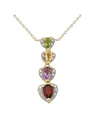 18k Yellow Gold Plated Sterling Silver Multi-Gemstone and Diamond Accent Linear Heart Pendant Necklace, 18"