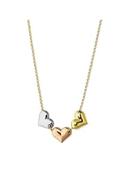 17" 14K Yellow Gold 2.0mm (0.08") Rolo Chain w/ Yellow, White & Rose Gold Dome Tube Heart Pendant Love Connection Necklace w/ Spring Ring Clasp