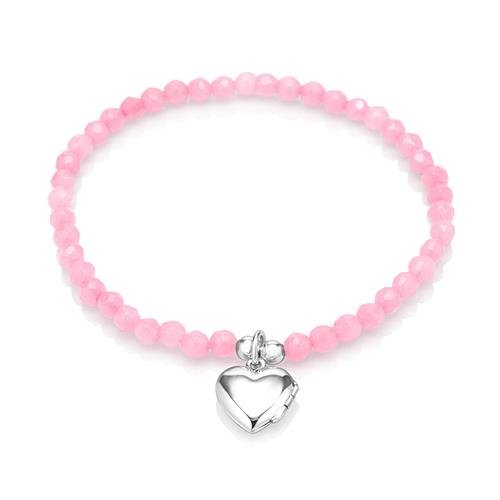 Sterling Silver Heart Locket Charm Pink Jade Stone Beads Stretch Bracelet