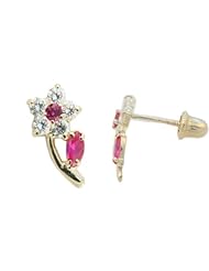 Little girl Red flower earring 14k yellow Gold, cz stones, with screw back, gold is sometimes better for sensitive or allergic reaction