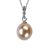 Natural Peach Pink 9.5-10mm Journey Diamond Bail 14k Gold Cultured Pearl Drop Pendant Necklace - Dahlia Classic Collection