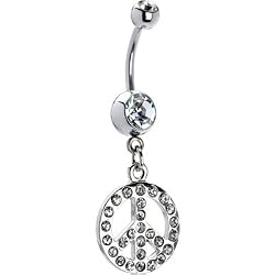 Clear Cubic Zirconia Peace Sign Dangle Belly Ring