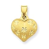 14k Satin and Diamond-Cut Puffed Heart Pendant - Measures 11.6x16.1mm