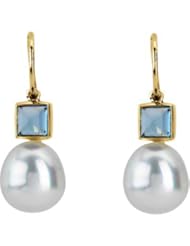 05.00 MM/11.00 MM Fine Ci 14K Yellow Gold South Sea Cultured Pearl And Genuine London Blue Topaz Earring