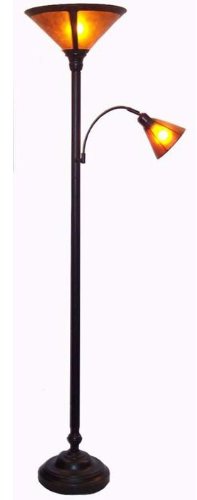 Bronze Finish Torchiere Floor Lamp With Mica Amber Shade