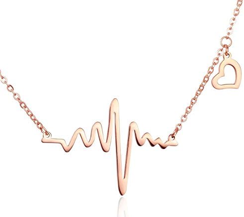 Silver Rose Gold Lifeline Pulse Heartbeat ECG Charm Heart Pendant Necklace for Women Lady Valentines Gift (S. steel - Rose Gold tone)